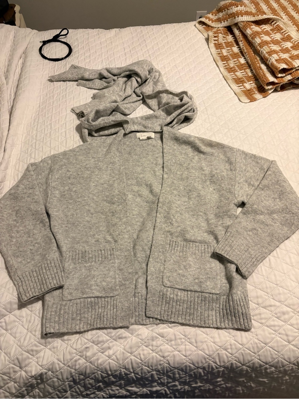 Anthropologie Grey Knit Open Front Cardigan with attachable Scarf - Picture 4 of 7